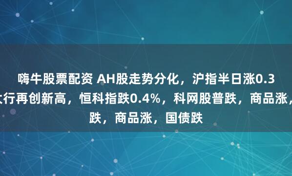 嗨牛股票配资 AH股走势分化，沪指半日涨0.3%，四大行再创新高，恒科指跌0.4%，科网股普跌，商品涨，国债跌